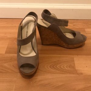 Taupe Suede Cork Wedge Sandals, Audrey Brooke 8